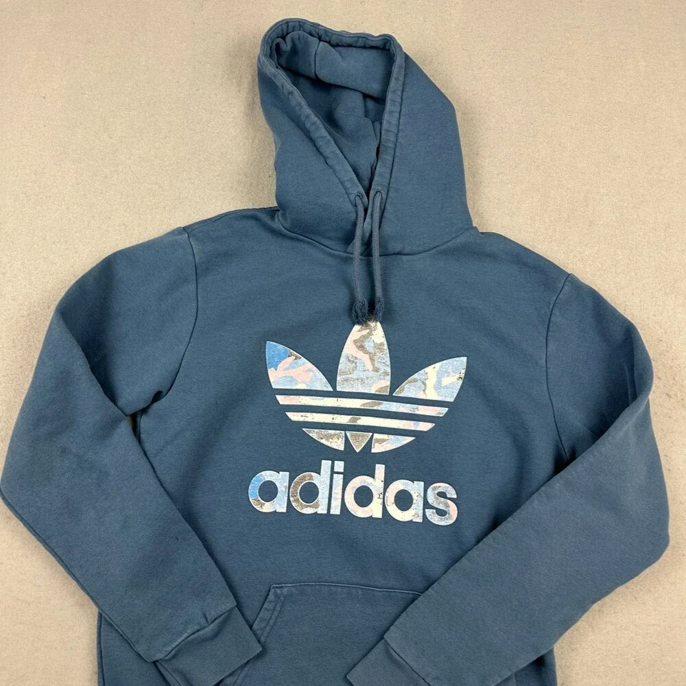 Adidas Hoodie Men Medium Blue Camo Trefoil Logo Pullover Sweatshirt Essential M
